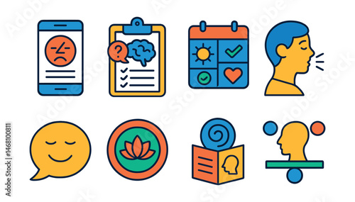Flat vector icons of stress and anxiety management: stress tracker app, coping mechanisms guide, calming activities planner, stress relief breathing exercises, positive self-talk badge, stress