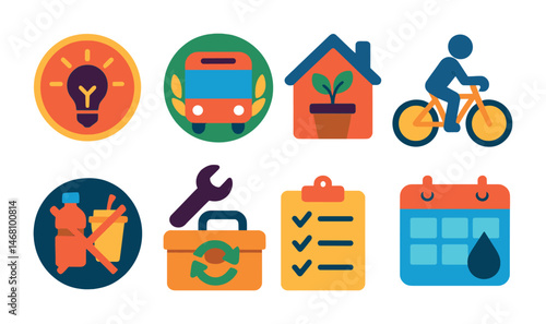 Flat vector icons of everyday climate actions: turning off lights challenge badge, public transport promotion day badge, growing food at home badge, biking instead of driving badge, avoiding