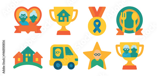 Flat vector icons of senior support charities: elder care donation badge, assisted living facility support trophy, dementia awareness fundraising medal, seniors’ meals on wheels ribbon, retirement