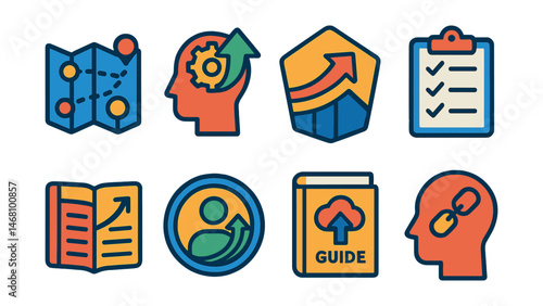 Flat vector icons of personal growth journey: personal development roadmap, growth mindset tracker, continuous improvement journal, self-evolution guide badge, transformation plan checklist, evolving