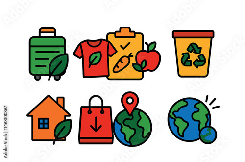 Flat vector icons of climate-positive lifestyles: eco-friendly traveling habits badge, sustainable fashion choices badge, green diet transition planner, zero-waste living badge, sustainable housing