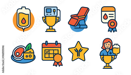 Flat vector icons of plasma donation: plasma collection bag badge, apheresis machine trophy, donation recliner chair medal, plasma donor card ribbon, high-protein diet symbol icon, regular donor