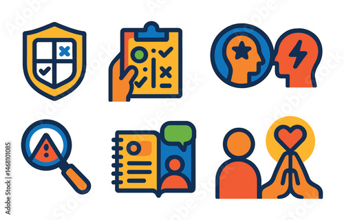 Flat vector icons of effective decision-making: decision matrix guide badge, pros and cons list planner, intuitive decision training badge, fast vs slow thinking habits badge, risk evaluation