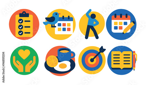 Flat vector icons of morning success rituals: miracle morning checklist badge, early bird success habits planner, stretching and movement routines badge, planning the day early badge, gratitude