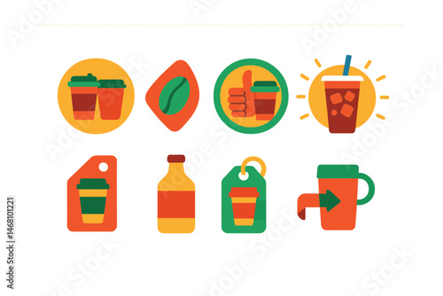Flat vector icons of beverage promos: 2-for-1 drink icon, new blend label, barista’s pick badge, iced drink spotlight, drink of the week tag, limited batch bottle icon, refill discount label, bring