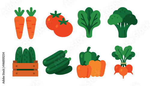 Flat vector icons of organic produce: fresh carrots, organic tomatoes, leafy greens, broccoli heads, cucumbers in crate, zucchini pile, organic bell peppers, bundle of radishes.