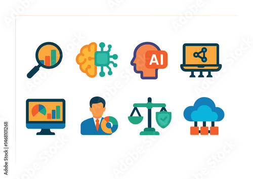 Flat vector icons of data science careers: data analyst badge, machine learning engineer icon, AI model trainer badge, big data architect badge, data visualization specialist badge, business