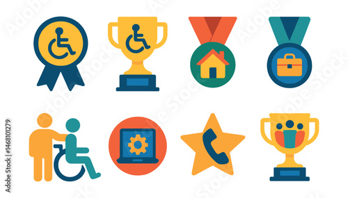 Flat vector icons of support for people with disabilities: accessibility support badge, disability advocate trophy, inclusive housing program medal, job placement for disabled ribbon, peer mentoring