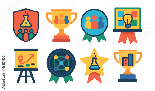 Flat vector icons of innovation hubs: social innovation lab badge, community co-creation space trophy, inclusive brainstorming session medal, collaborative idea board ribbon, pilot project workshop