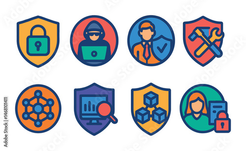 Flat vector icons of cybersecurity careers: cybersecurity analyst badge, ethical hacker badge, information security consultant badge, penetration tester badge, network security engineer badge,