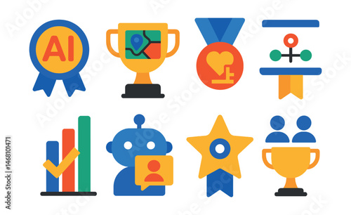 Flat vector icons of tech for social good: AI for inclusion badge, digital divide mapping trophy, ethical tech design medal, impact-driven innovation platform ribbon, tech equity index icon, refugee