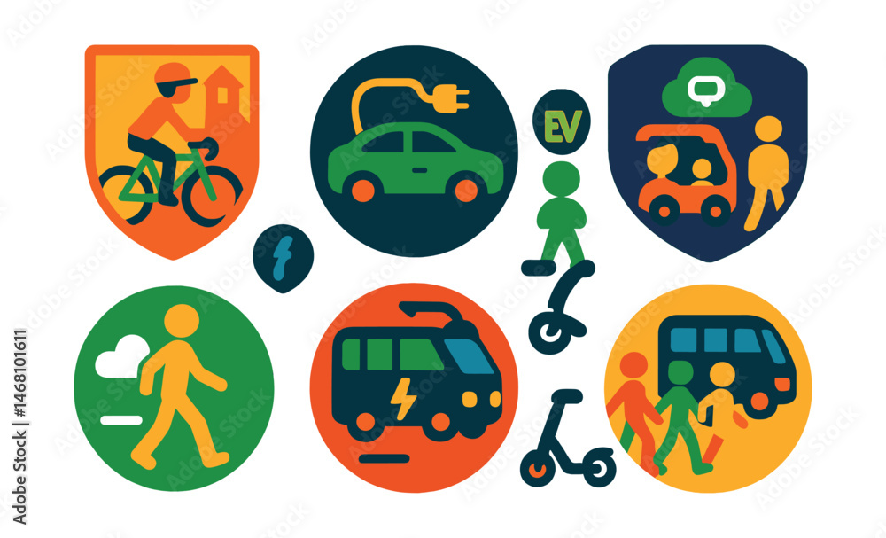 Flat vector icons of promoting low-carbon transport: cycling to school day badge, EV promotion projects badge, public transport challenges for youth, carpooling to reduce emissions badge, walking Flat vector icons of promoting low-carbon transport: cycling to school day badge, EV promotion projects badge, public transport challenges for youth, carpooling to reduce emissions badge, walking