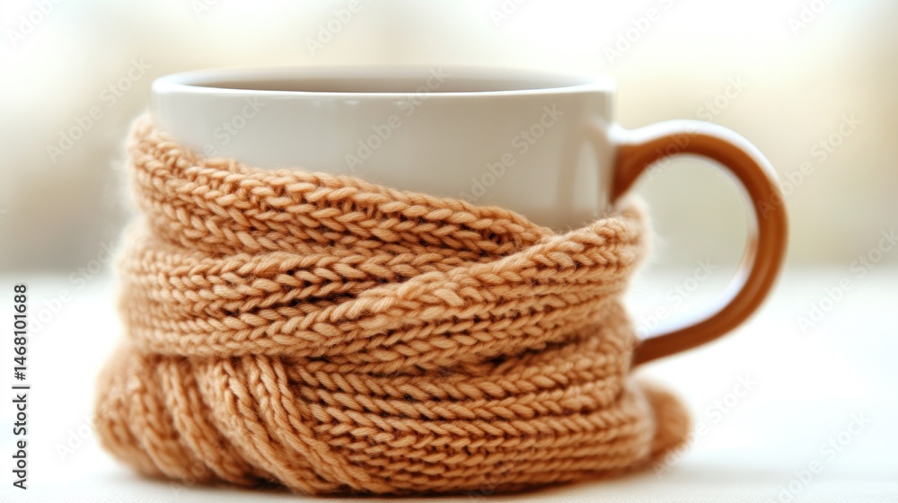 Cozy warm drink in a knitted mug Cozy warm drink in a knitted mug