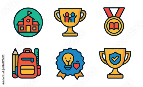 Flat vector icons of education rights: free primary school badge, inclusive learning trophy, literacy access medal, multilingual education support ribbon, school supplies access icon, special