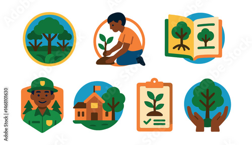 Flat vector icons of protecting forests and natural resources: rainforest preservation education badge, tree planting youth actions badge, urban forest care guide, saving mangrove forests badge,