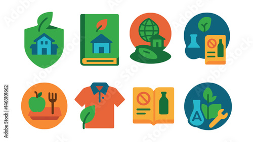 Flat vector icons of climate-positive school programs: eco-certification badge for schools, green campus design guide, climate neutrality roadmap for education badge, low-carbon school lunches badge,