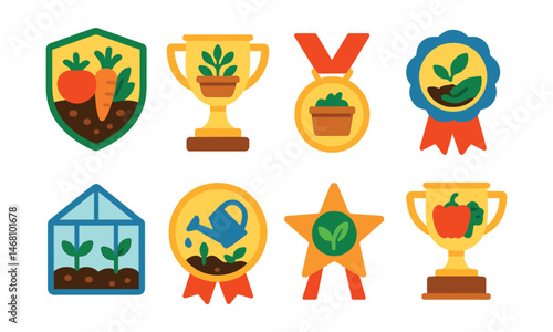 Flat vector icons of school gardening projects: school vegetable garden badge, herb patch project trophy, composting at school medal, planting seeds day ribbon, school greenhouse icon, watering