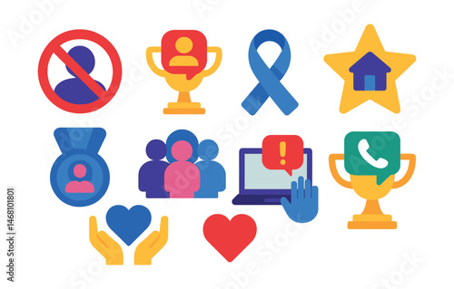 Flat vector icons of protecting against cyberbullying: block/report function badge, trusted adult contact trophy, anti-cyberbullying support group medal, kindness online movement ribbon, bystander