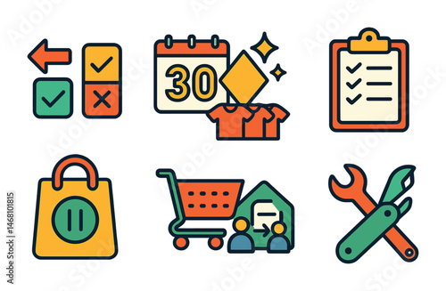 Flat vector icons of mindful purchasing decisions: need vs want decision guide badge, waiting 30 days before purchase badge, prioritizing quality over quantity badge, building shopping lists