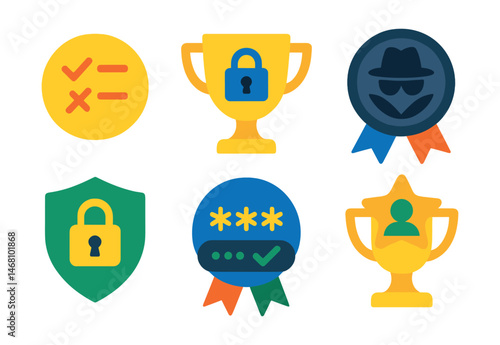 Flat vector icons of privacy-first design: minimal data collection badge, privacy-focused default settings trophy, anonymous browsing mode medal, data minimization strategy ribbon, encryption enabled
