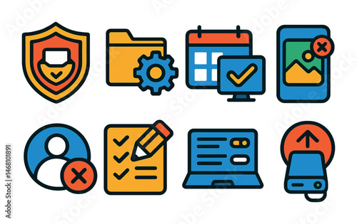 Flat vector icons of reducing digital clutter: inbox zero challenge badge, digital file organization badge, decluttering desktop habit tracker badge, cleaning up photo libraries badge, deleting