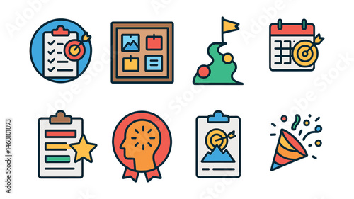 Flat vector icons of goal setting techniques: SMART goals planner badge, vision board creation guide, personal development milestones tracker, yearly goal planner badge, monthly micro-goals system,