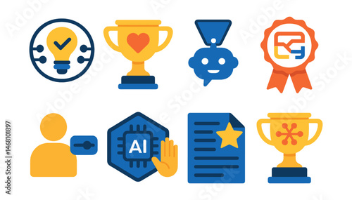Flat vector icons of ethical AI interfaces: explainable AI outputs badge, no bias AI training trophy, ethical chatbot interaction medal, clear AI decision explanation ribbon, user-controlled AI
