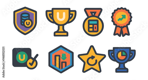 Flat vector icons of yield optimization for staking: staking yield aggregator badge, re-staking automation tool trophy, dynamic APY calculator medal, yield boost strategy ribbon, optimal validator