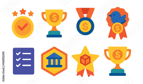Flat vector icons of yield optimization for staking: staking yield aggregator badge, re-staking automation tool trophy, dynamic APY calculator medal, yield boost strategy ribbon, optimal validator
