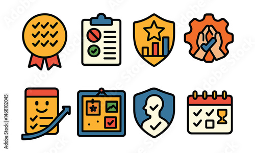 Flat vector icons of building self-discipline: daily self-discipline tracker badge, delayed gratification training planner, committing to small wins badge, discipline rituals creation badge,
