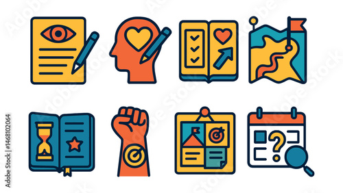 Flat vector icons of personal mission and vision creation: vision statement writing badge, creating a personal mantra badge, aligning actions with values planner, designing a life purpose roadmap