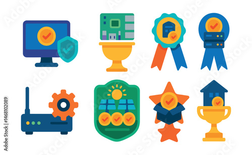 Flat vector icons of hardware for staking: staking validator node setup badge, Raspberry Pi staking trophy, home staking kit medal, staking server installation ribbon, staking router optimization