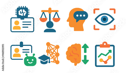 Flat vector icons of artificial intelligence careers: AI researcher badge, AI ethics advisor badge, natural language processing engineer badge, computer vision specialist badge, AI chatbot designer