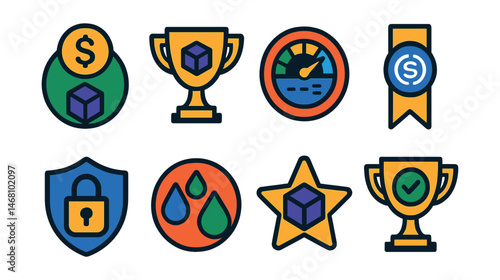 Flat vector icons of DeFi lending platforms: deposit crypto collateral badge, borrow against collateral trophy, interest rate dashboard medal, stablecoin borrowing app ribbon, lending protocol