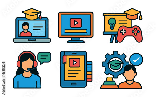 Flat vector icons of education and learning innovation careers: e-learning platform designer badge, online course creator badge, instructional designer planner, gamified education developer badge,