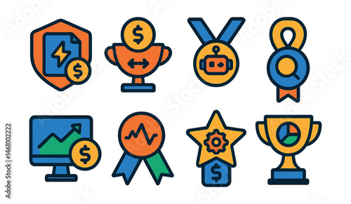 Flat vector icons of flash loans and arbitrage: flash loan contract badge, instant borrowing dashboard trophy, arbitrage bot strategy medal, real-time opportunity scanner ribbon, profit tracking
