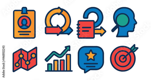 Flat vector icons of digital product management: product owner badge, product lifecycle manager badge, agile product manager planner, UX research for products badge, customer journey mapping