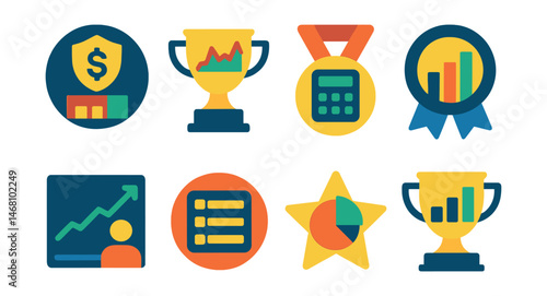 Flat vector icons of DeFi performance metrics: TVL dashboard badge, APY fluctuation graph trophy, gas fee calculator medal, protocol volume chart ribbon, user growth analytics icon, DeFi rankings