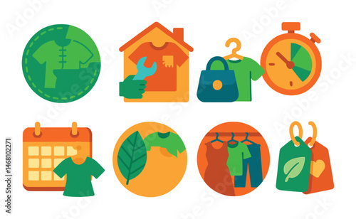 Flat vector icons of sustainable fashion practices: upcycled clothing projects badge, repairing clothes at home badge, buying vintage and thrift badge, slow fashion movement badge, clothing rental