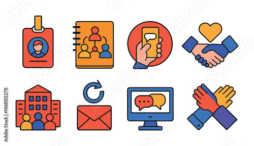 Flat vector icons of collaboration and networking: networking at events badge, building authentic connections planner, keeping in touch habits badge, helping others first approach badge, joining