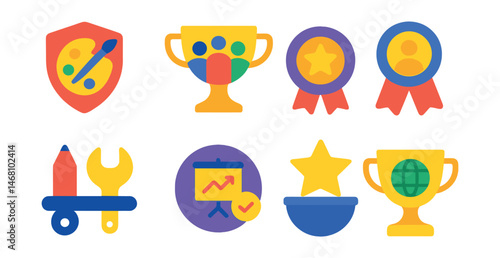 Flat vector icons of social DAOs: hobbyist DAO badge, community creator group trophy, culture-focused DAO medal, social reputation system ribbon, creator collaboration tools icon, event proposal