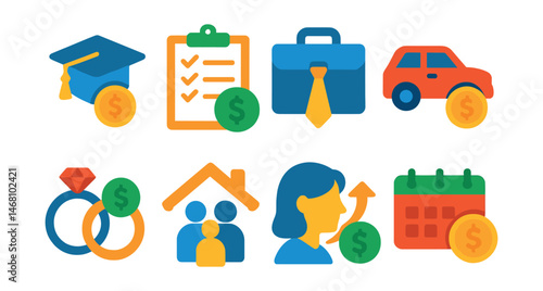 Flat vector icons of financial planning for life stages: saving for college badge, budgeting for first apartment planner, preparing for first full-time job badge, first car savings guide, wedding