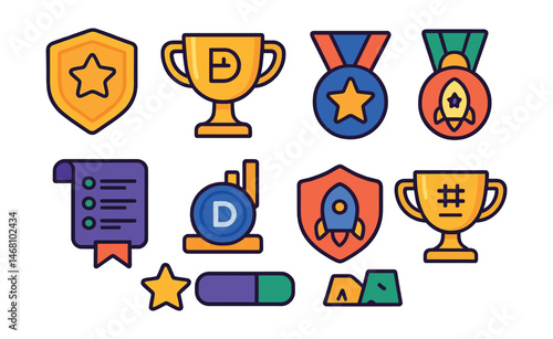 Flat vector icons of DAO incentive structures: contributor rewards badge, performance-based token trophy, reputation-based perks medal, bounty proposal list ribbon, staking for governance icon, DAO