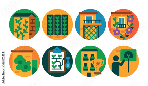 Flat vector icons of facade greening techniques: climbing ivy walls badge, vertical green screens badge, installing balcony trellises badge, flowering vines on facades badge, facade moss gardens