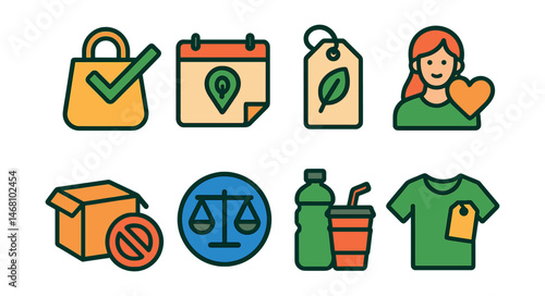 Flat vector icons of sustainable consumption: mindful shopping checklist badge, buying local products planner, eco-label identification badge, supporting ethical brands badge, reducing unnecessary