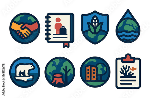 Flat vector icons of understanding global climate issues: studying international climate agreements badge, learning about climate refugees planner, understanding food security badge, exploring global