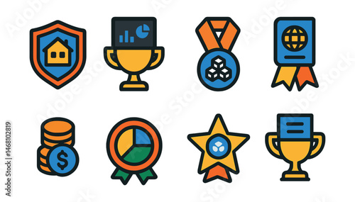 Flat vector icons of real-world assets in Web3: tokenized real estate badge, digital bond dashboard trophy, supply chain on blockchain medal, tokenized invoice protocol ribbon, stablecoin collateral