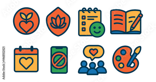 Flat vector icons of emotional wellbeing practices: practicing daily gratitude badge, developing mindfulness habits badge, creating joy lists planner, journaling emotions badge, scheduling self-care