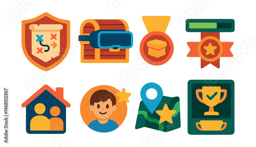 Flat vector icons of gamified experiences: quest board badge, reward chest in VR trophy, daily login bonus medal, XP progress meter ribbon, cooperative multiplayer hub icon, avatar level-up stars