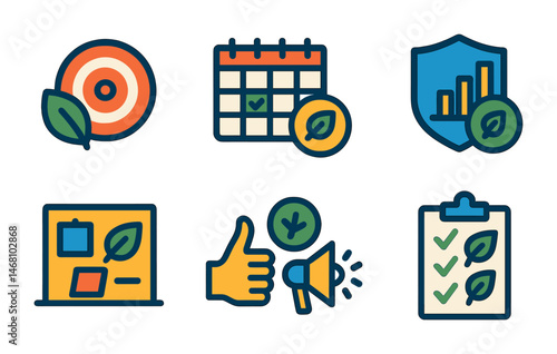 Flat vector icons of empowering climate-friendly habits: visualizing eco goals badge, creating climate challenge calendars badge, tracking personal eco achievements badge, building eco vision boards